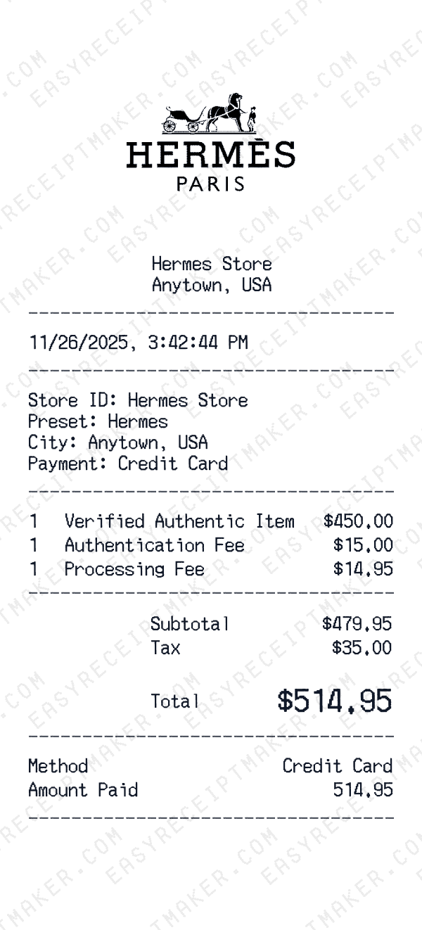 Hermes receipt preview