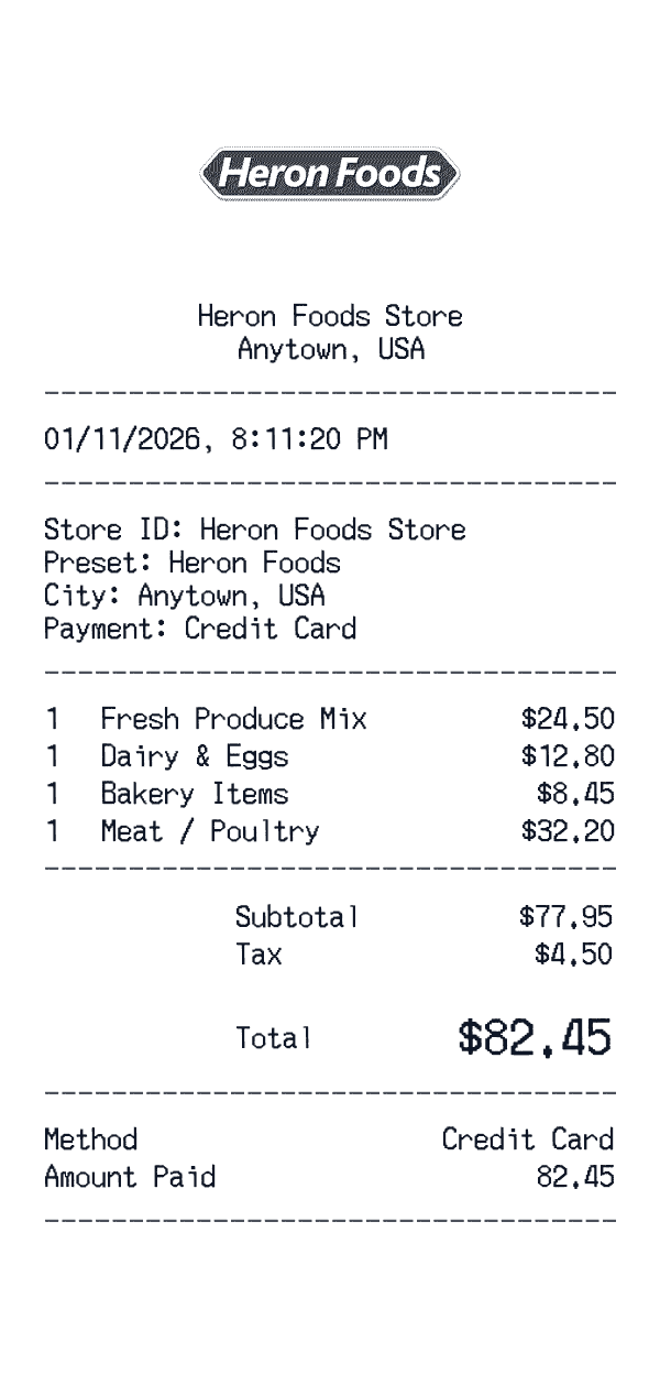 Heron Foods receipt preview
