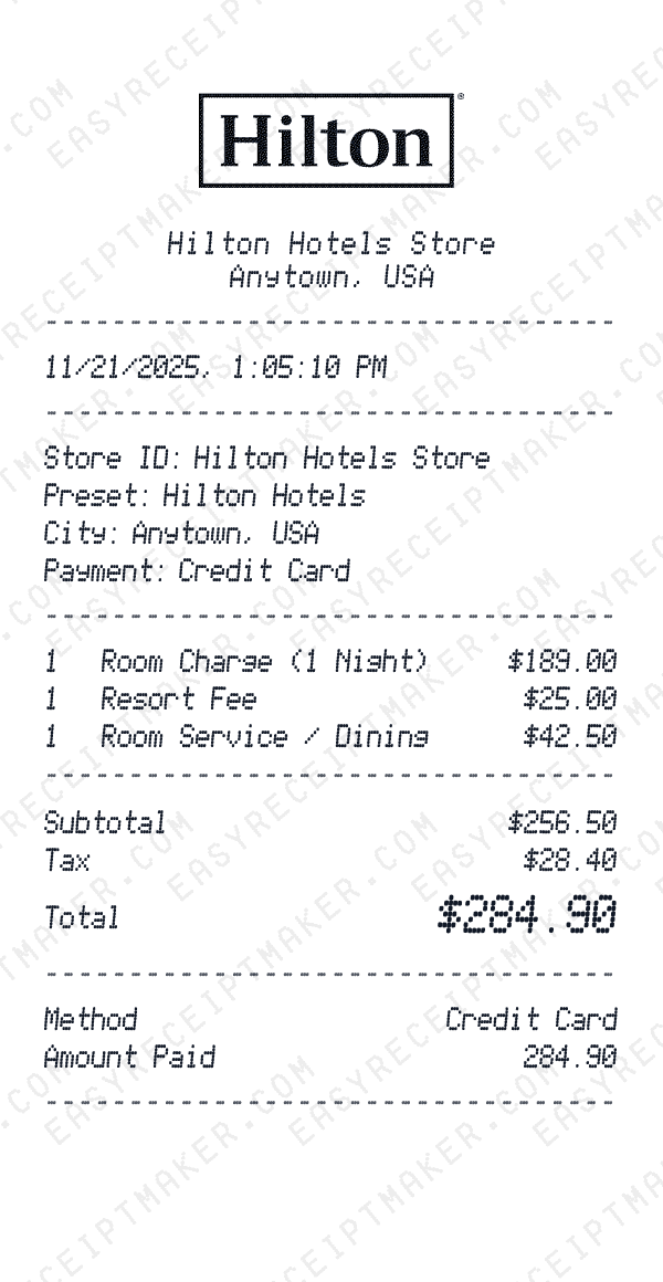 Hilton Hotels receipt template generator preview