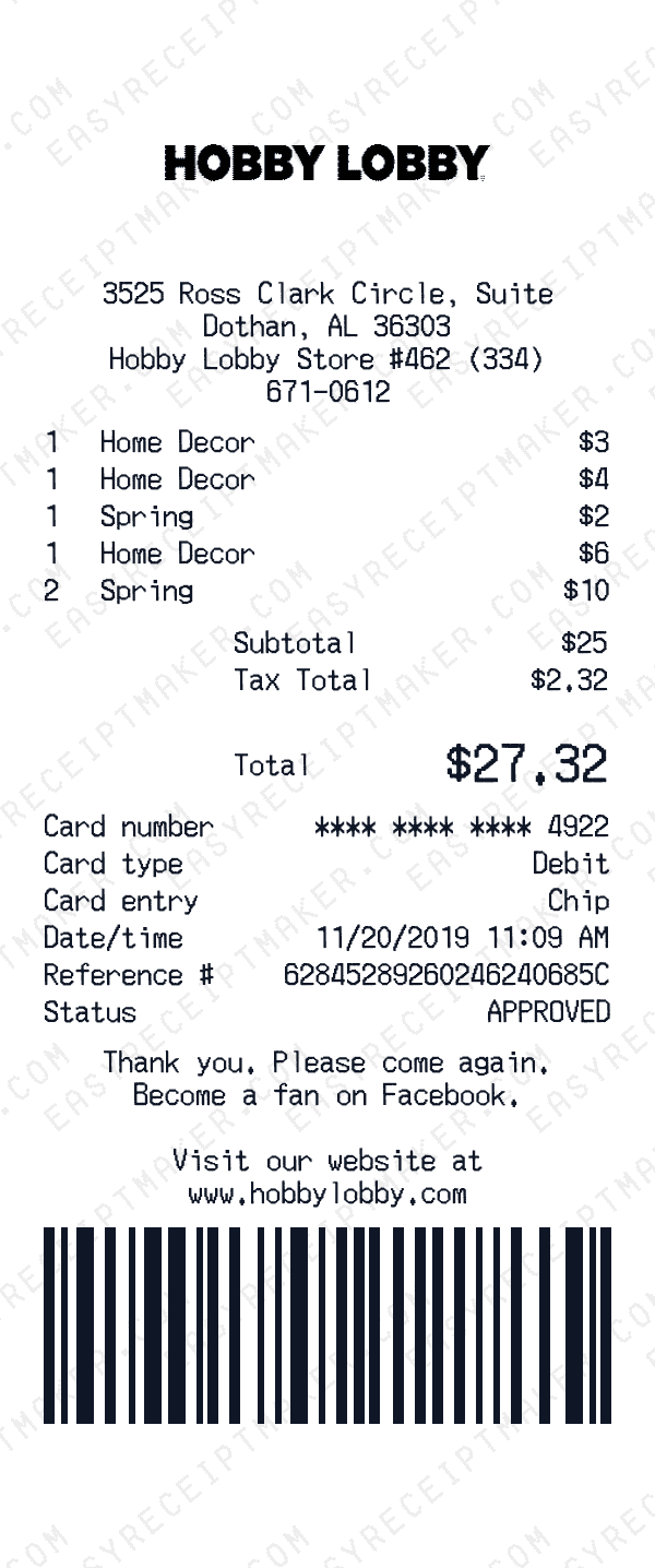 Hobby Lobby receipt preview