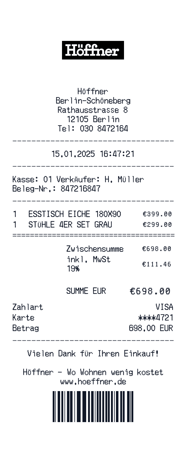 Höffner receipt template example - retail receipt with itemized details, prices, and payment information