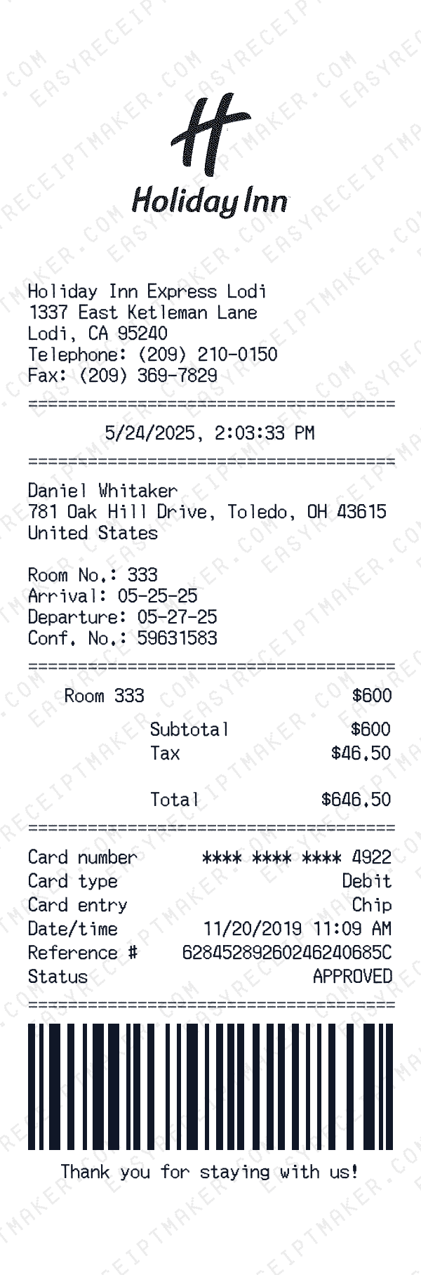 Holiday Inn receipt preview