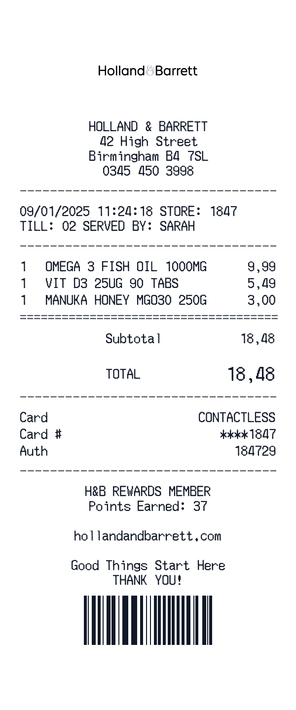 Holland & Barrett receipt template example - pharmacy receipt with itemized details, prices, and payment information