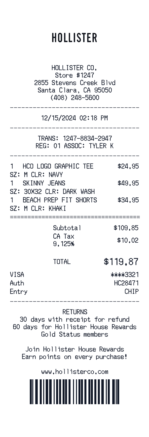 Hollister receipt preview