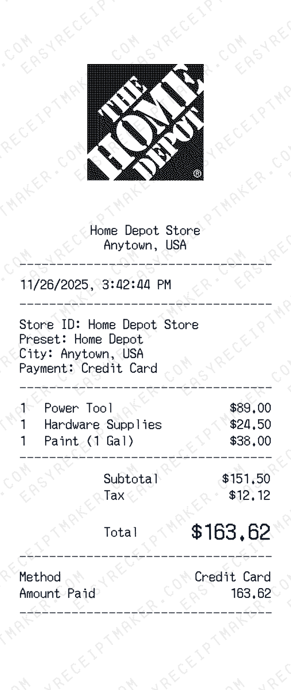 Home Depot receipt template