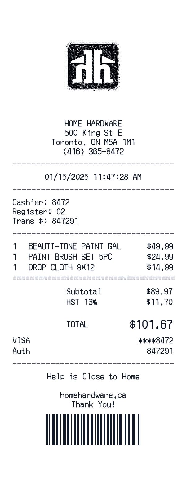 Home Hardware receipt template example - home improvement receipt with itemized details, prices, and payment information