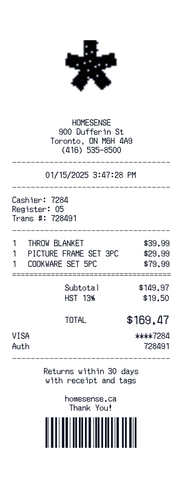 HomeSense receipt template example - retail receipt with itemized details, prices, and payment information