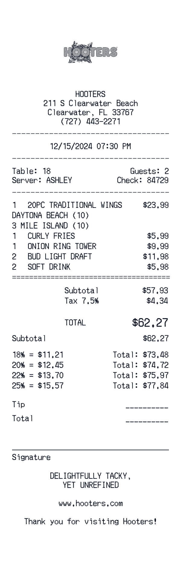 Hooters receipt preview