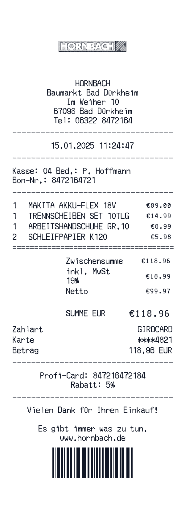 Hornbach receipt template example - home improvement receipt with itemized details, prices, and payment information