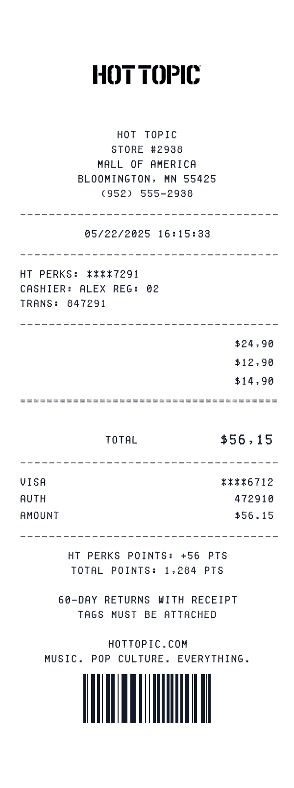 Hot Topic receipt template example