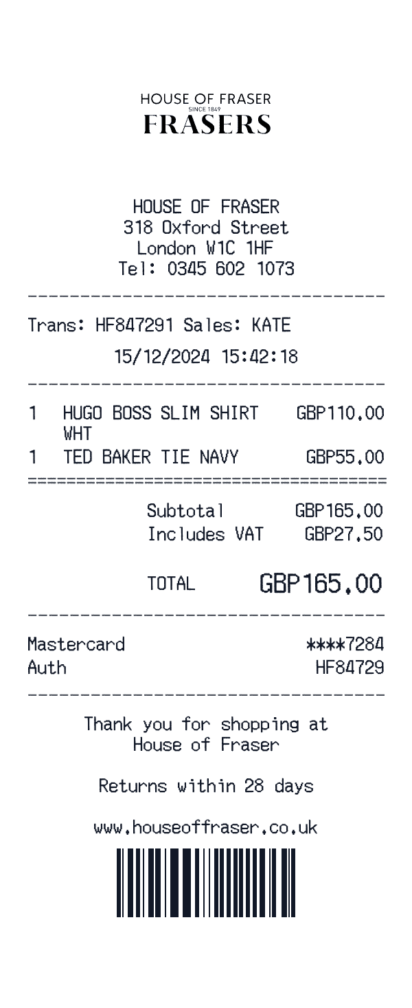House of Fraser receipt template example