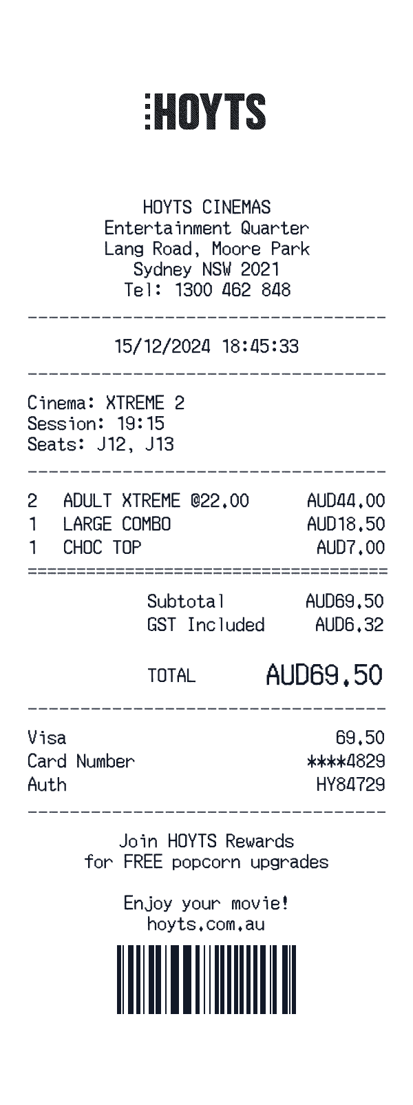 HOYTS receipt template example - entertainment receipt with itemized details, prices, and payment information