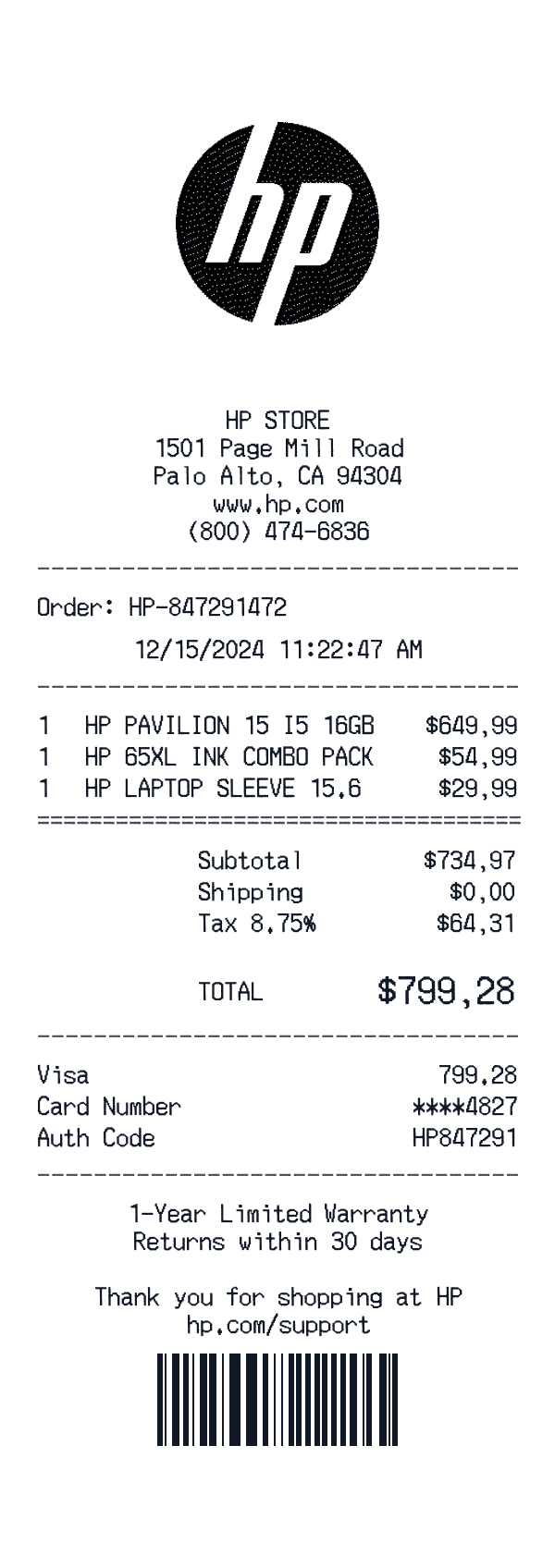 HP receipt preview