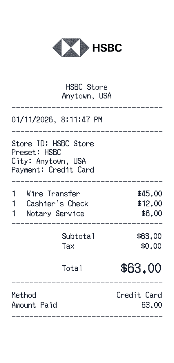 HSBC receipt template example - finance receipt with itemized details, prices, and payment information