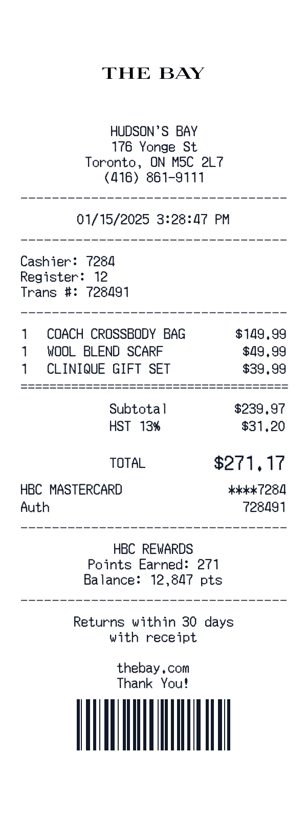 Hudson's Bay receipt template example