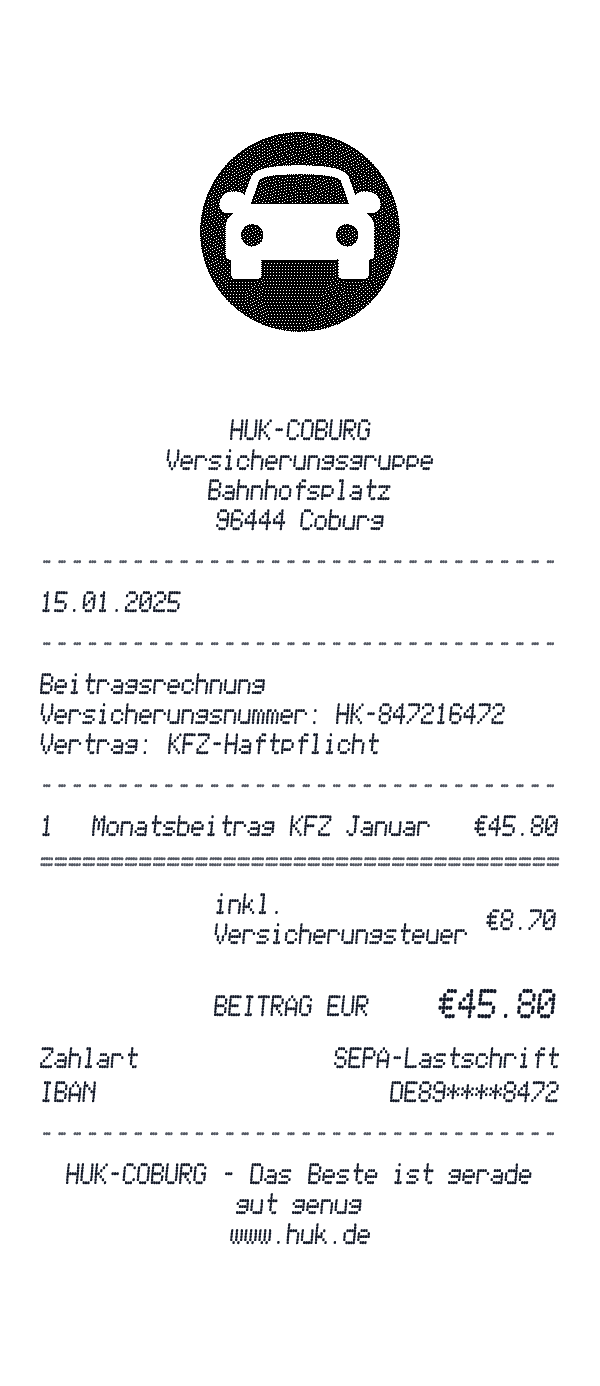 HUK-COBURG receipt template example - insurance receipt with itemized details, prices, and payment information
