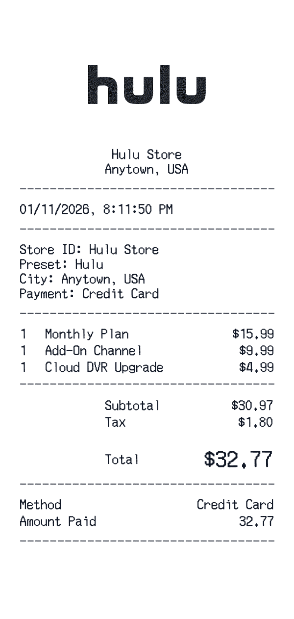 Hulu receipt preview