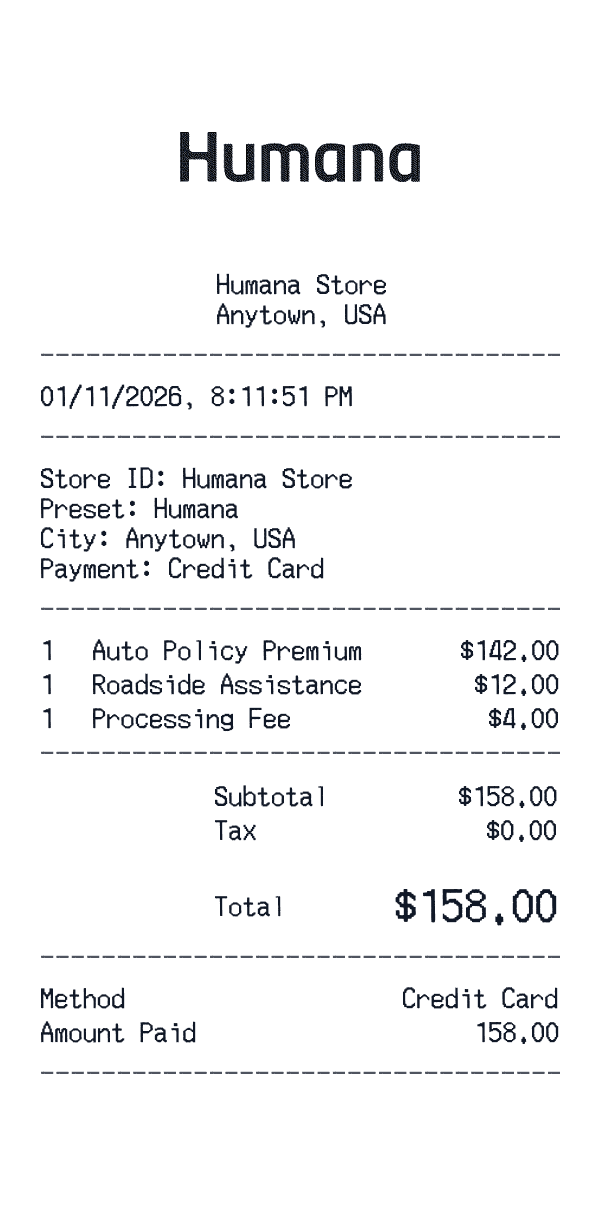Humana receipt template example - insurance receipt with itemized details, prices, and payment information