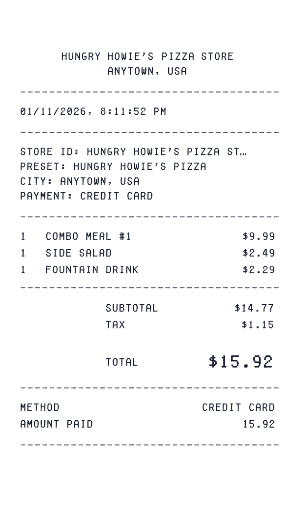 Hungry Howie's Pizza receipt preview