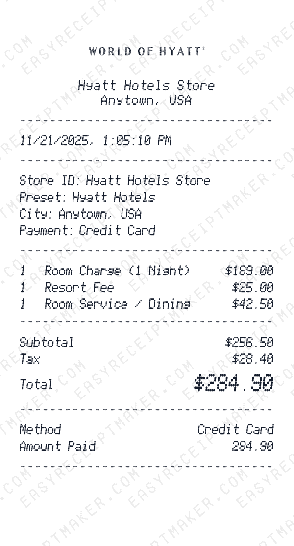 Hyatt Hotels receipt template generator preview