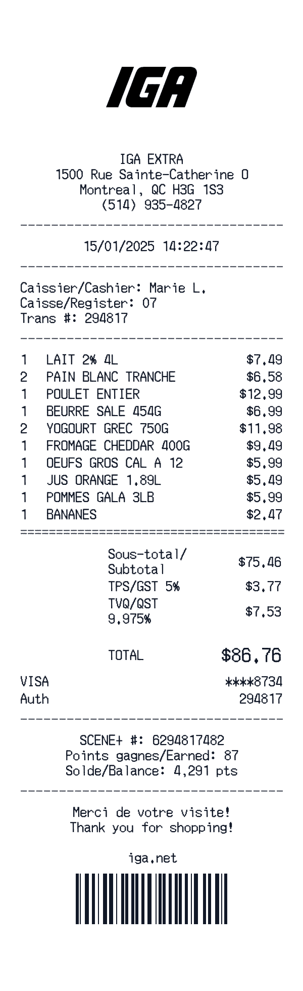 IGA Canada receipt template example - grocery receipt with itemized details, prices, and payment information