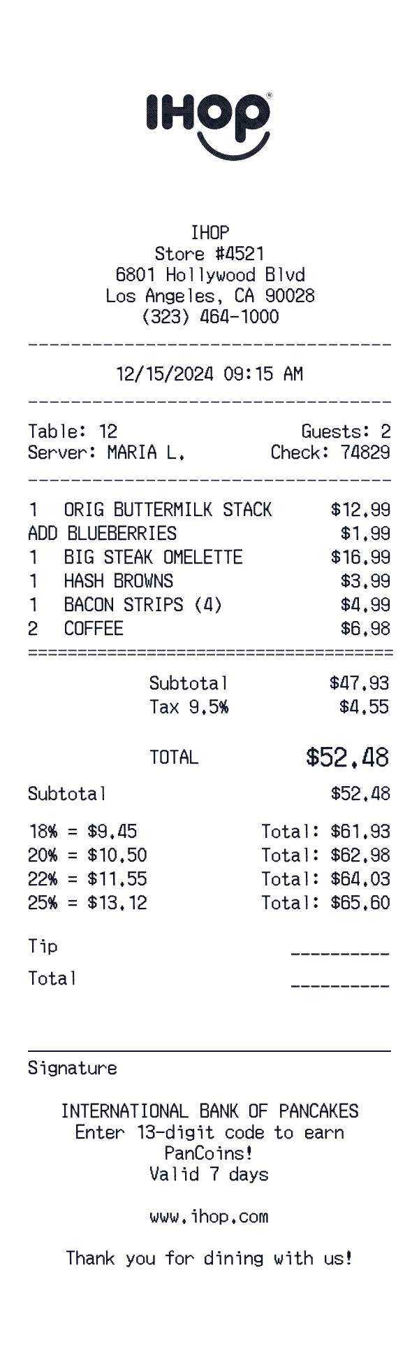 IHOP receipt template generator preview