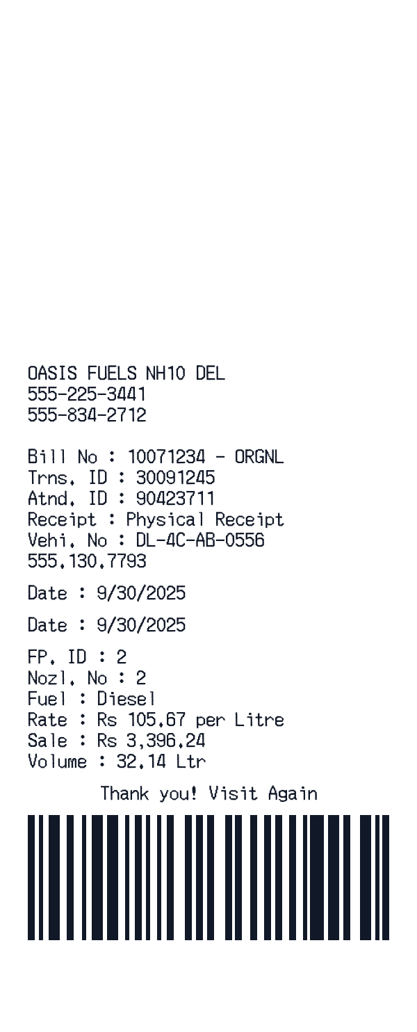 Indian Petrol Pump receipt template generator preview