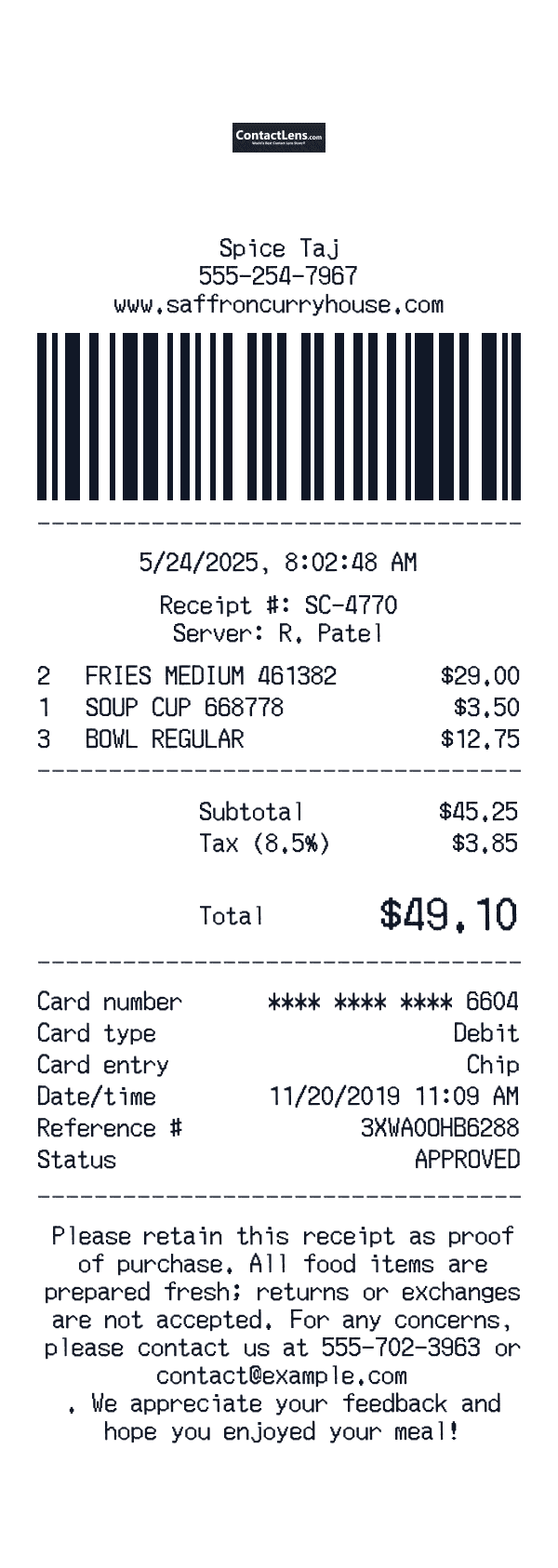 Indian Restaurant receipt template example