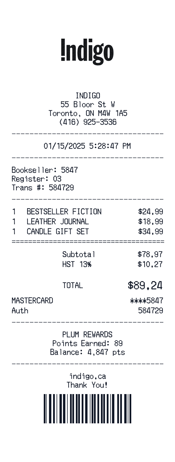 Indigo receipt template example - retail receipt with itemized details, prices, and payment information