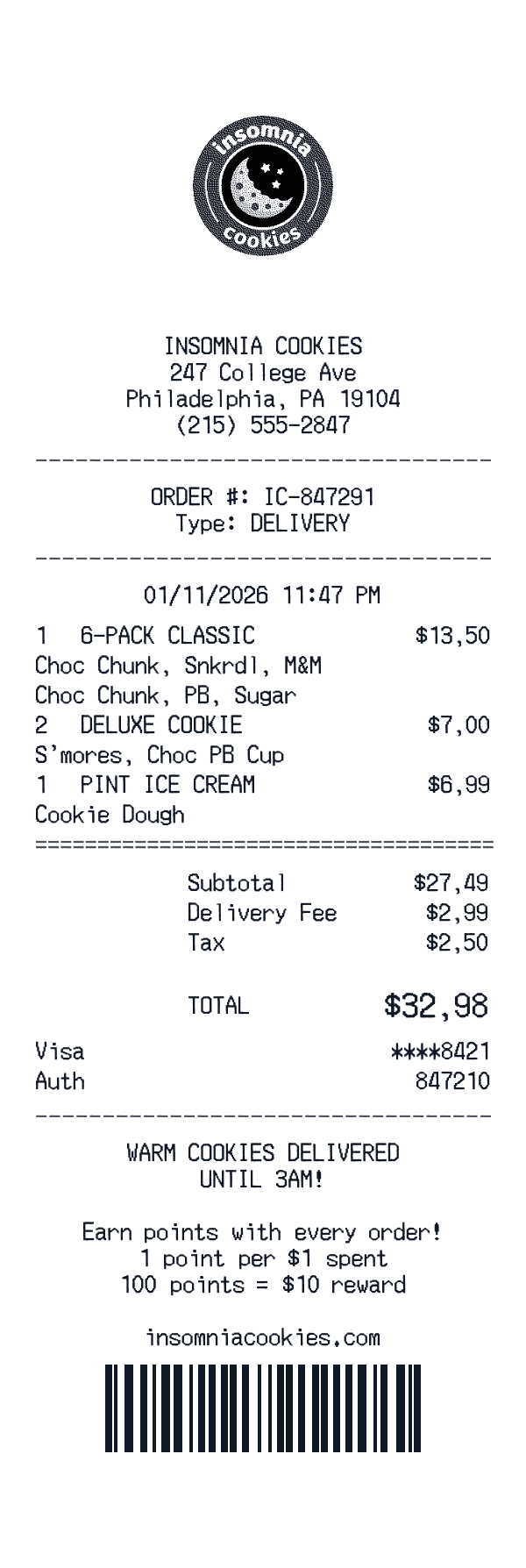 Insomnia Cookies receipt template example