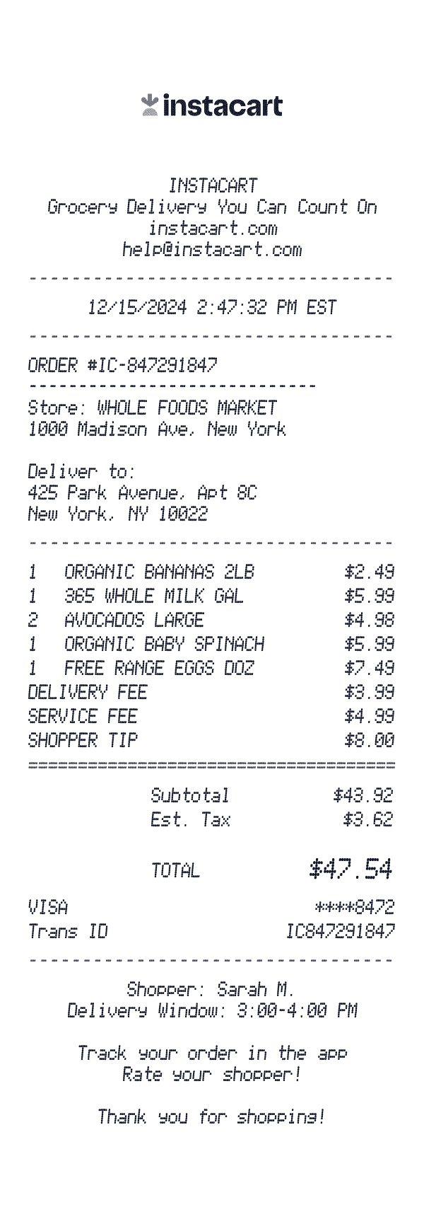 Instacart receipt template example
