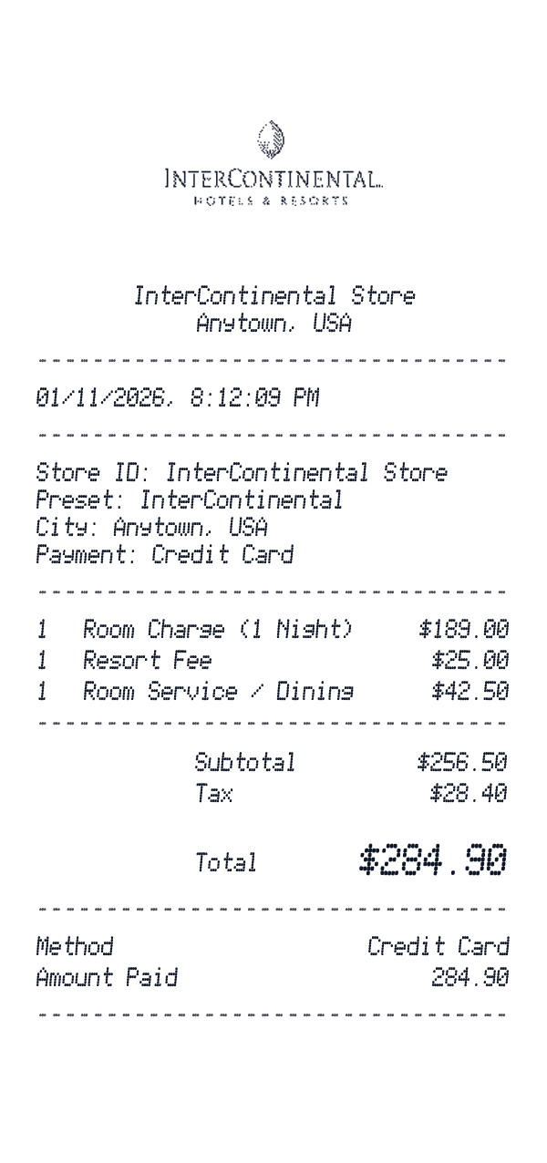 InterContinental receipt template example - hotel receipt with itemized details, prices, and payment information