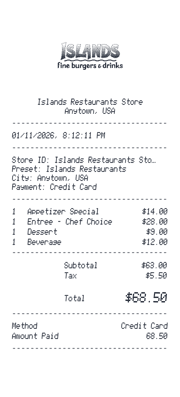 Islands Restaurants receipt preview