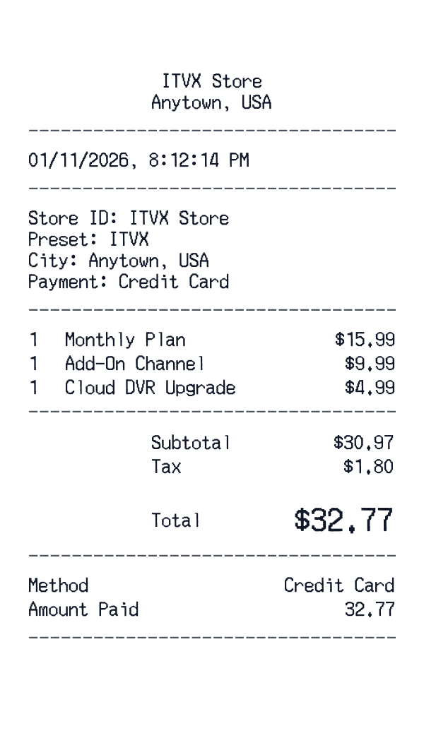 ITVX receipt template example - streaming receipt with itemized details, prices, and payment information