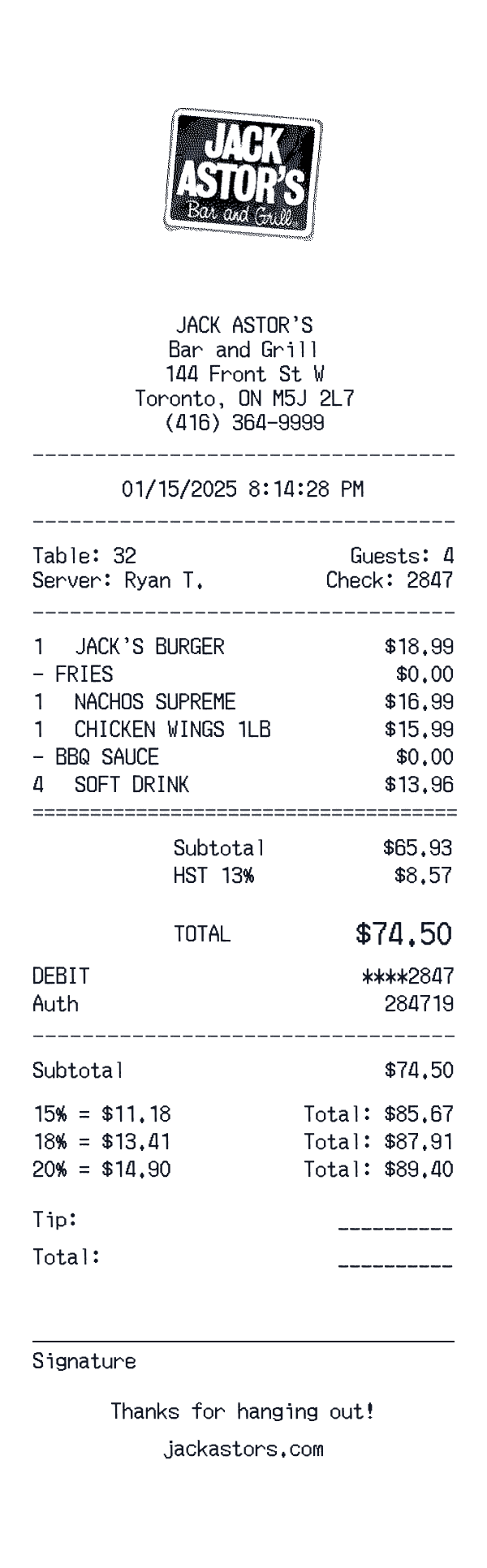 Jack Astor's receipt template example - restaurant receipt with itemized details, prices, and payment information