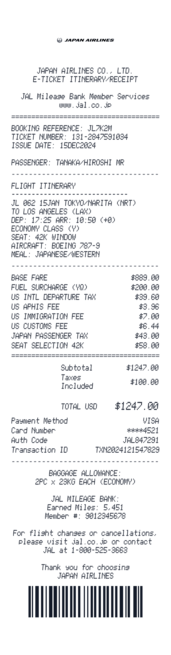 Japan Airlines receipt template example