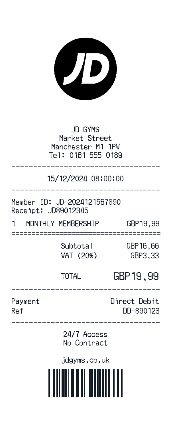 JD Gyms receipt template example - fitness receipt with itemized details, prices, and payment information