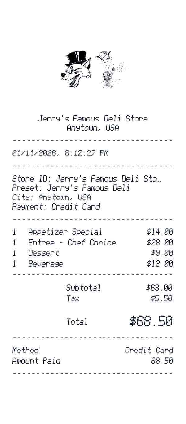 Jerry's Famous Deli receipt preview