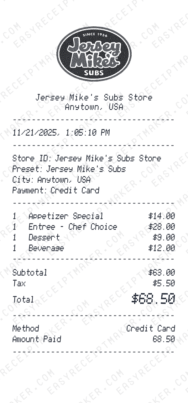 Jersey Mike's Subs receipt template generator preview