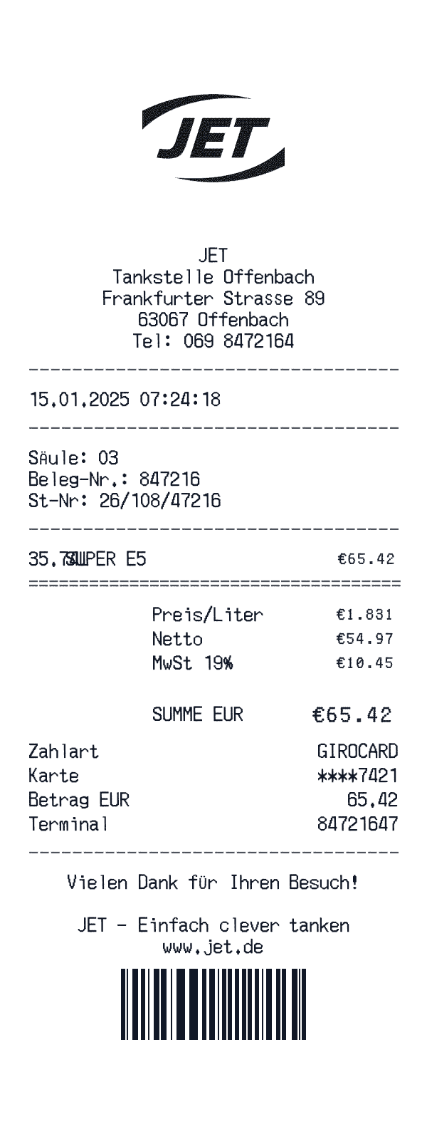 JET receipt template example - gas station receipt with itemized details, prices, and payment information