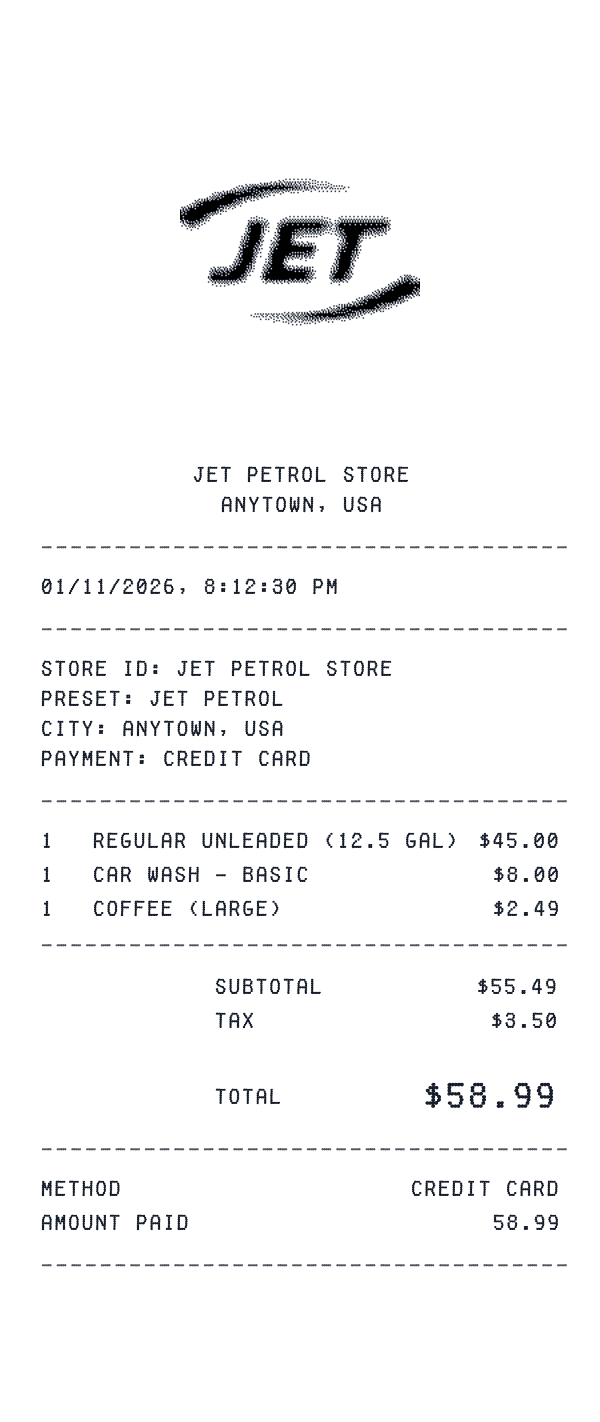 Jet Petrol receipt template example - gas station receipt with itemized details, prices, and payment information