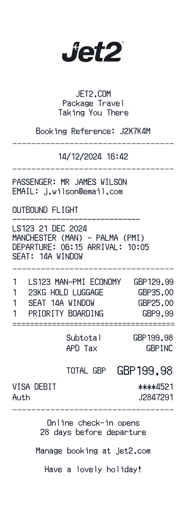 Jet2 receipt template example - airline receipt with itemized details, prices, and payment information