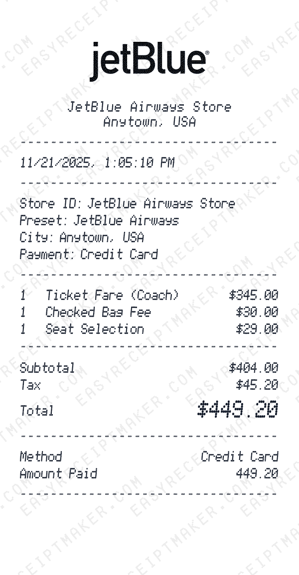 JetBlue Airways receipt template generator preview