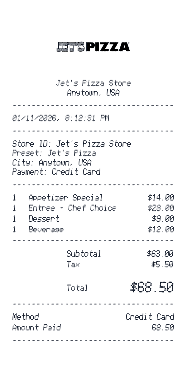 Jet's Pizza receipt preview