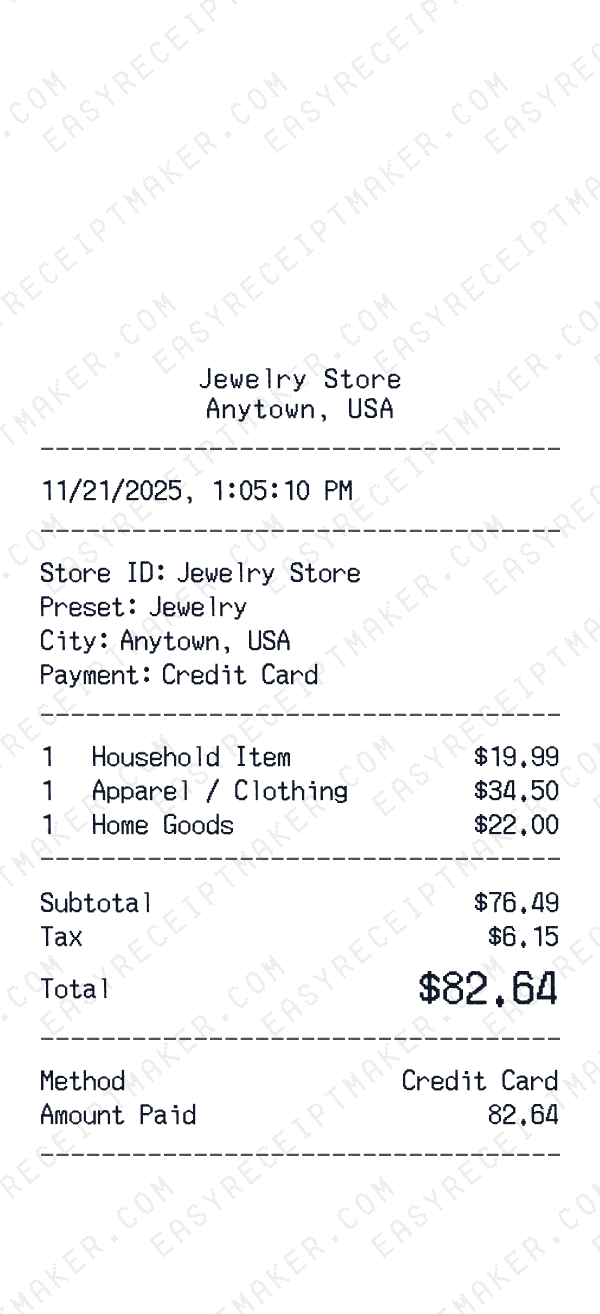 Jewelry receipt template generator preview