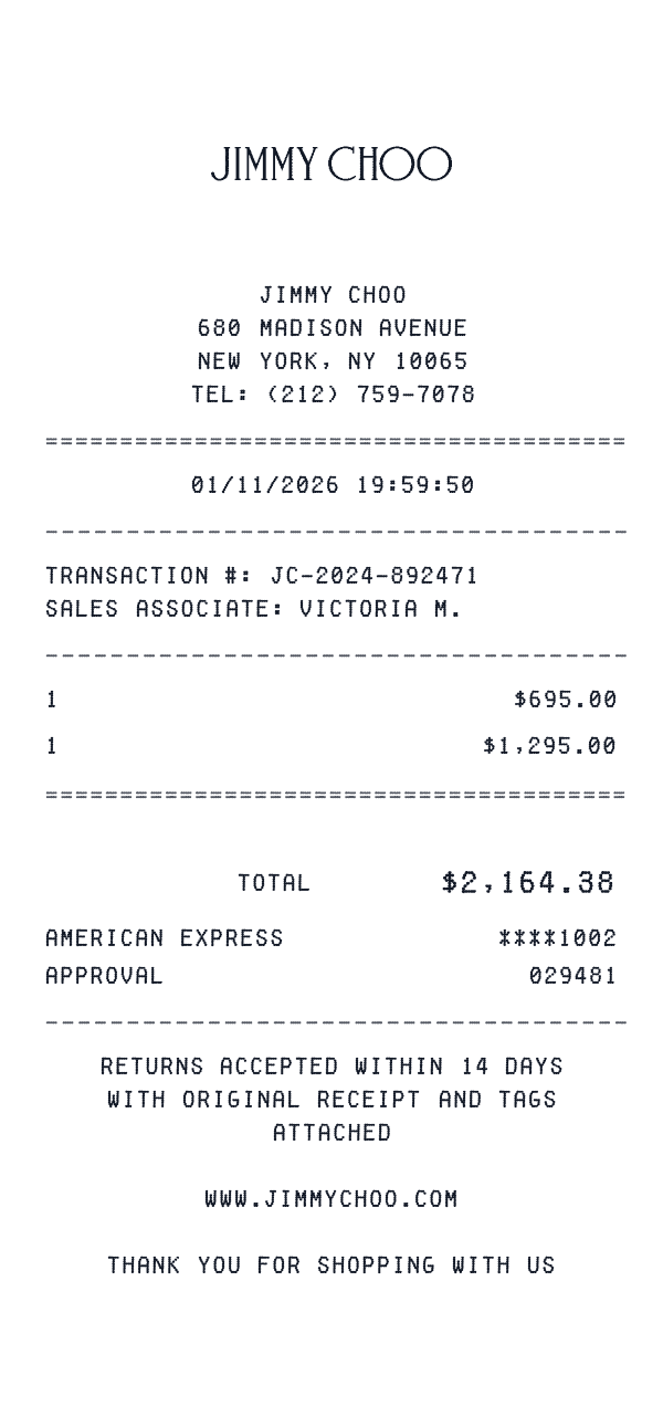 Jimmy Choo receipt template example - fashion receipt with itemized details, prices, and payment information