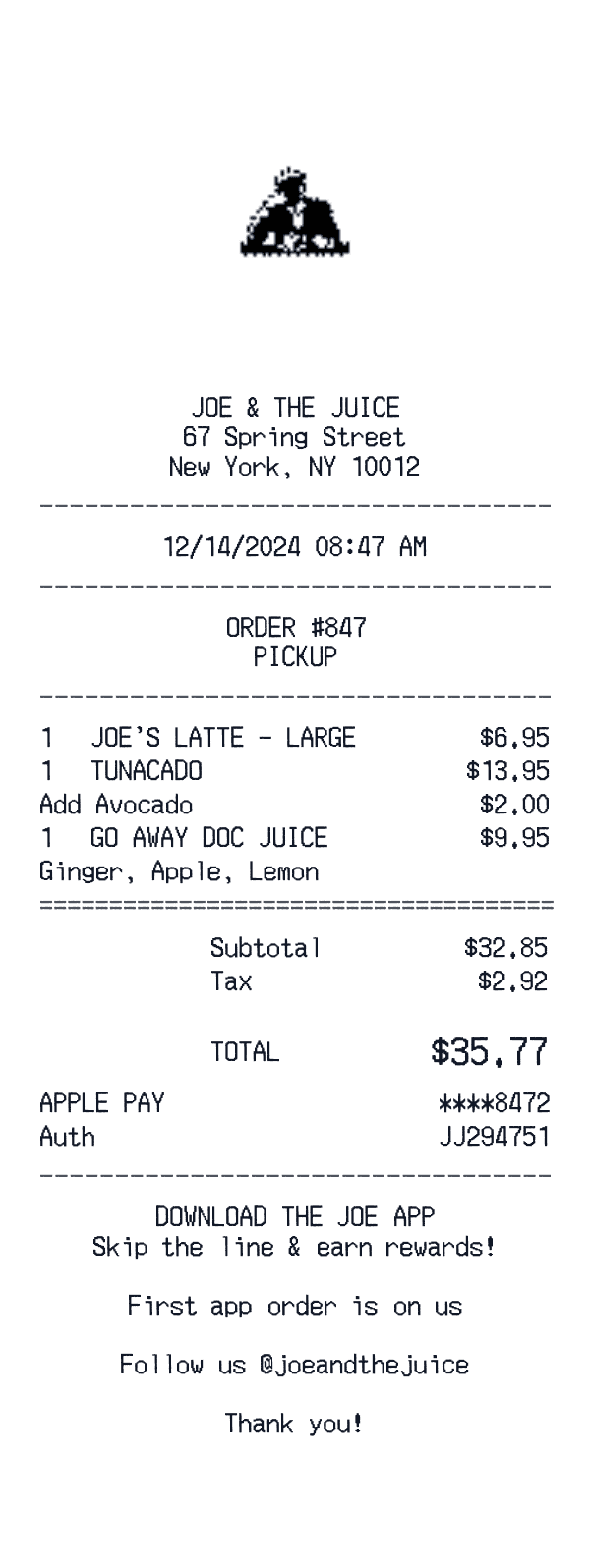 Joe & The Juice receipt template example