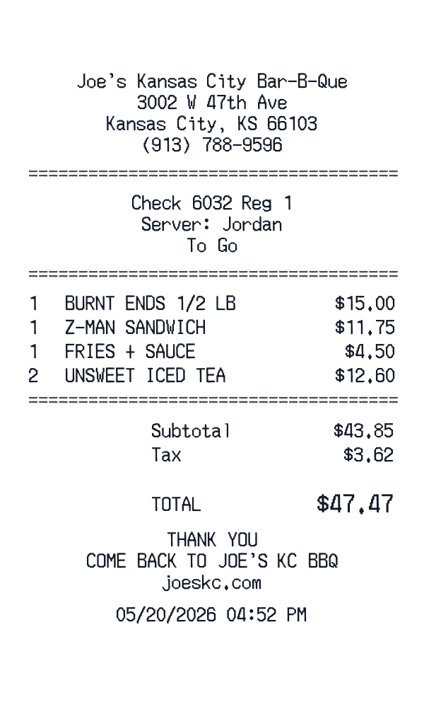 Joe’s Kansas City Bar-B-Que receipt template generator preview