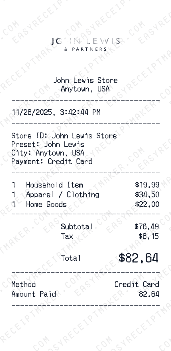 John Lewis receipt preview