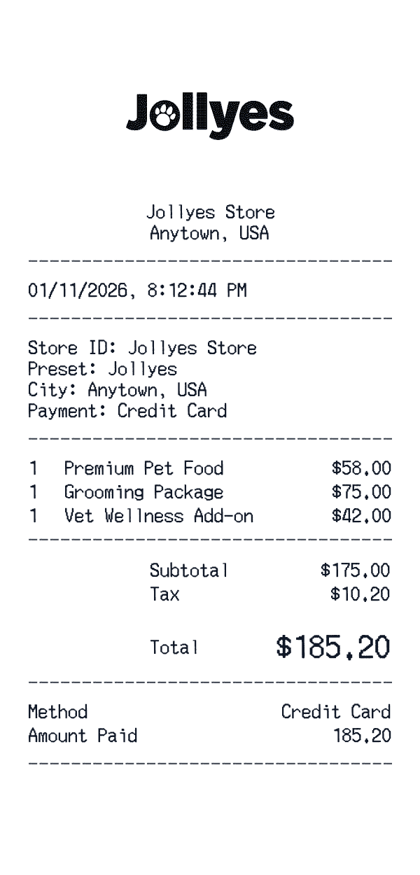 Jollyes receipt template example